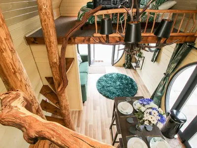 an overhead view of a tiny house with a table at Callow Pod in Shrewsbury