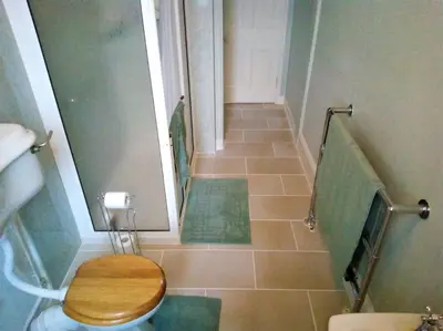 a small bathroom with a toilet and a staircase at Tranquil getaway near Brecon Beacons in Llandovery