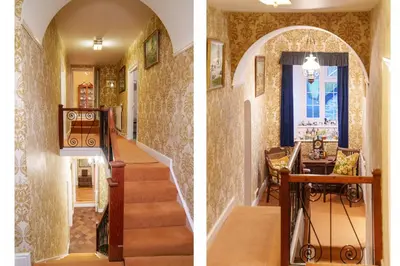 two pictures of a hallway with a staircase in a house at Ty Bledrws - family retreat near the Cardigan Bay coast in Llangybi