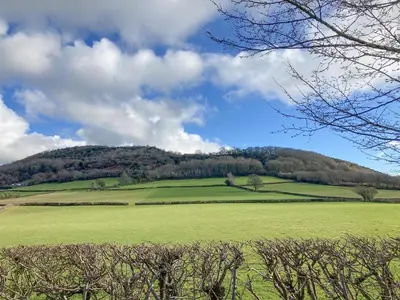 a green field with a hill in the background at Swallow Lodge - Uk42540 in Winforton