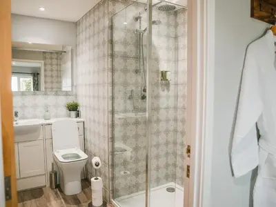 a bathroom with a shower with a toilet and a sink at Swallow Lodge - Uk42540 in Winforton