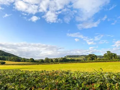 a green field with a blue sky and clouds at Cuckoo Lodge - Uk42541 in Winforton