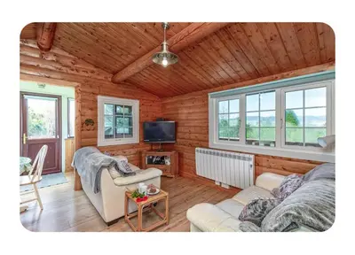 a living room with two couches and a tv at Snowdonia Escapes # TRANQUIL CABIN with Views, Wi-Fi, Dog Friendly & Parking in Trawsfynydd