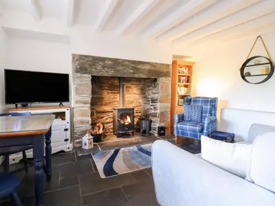 a living room with a fireplace and a tv at Ael Y Bryn in Blaenau-Ffestiniog