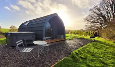 a dome tent with a table and chairs in a field at Odli Glamping - Aderyn in Welshpool