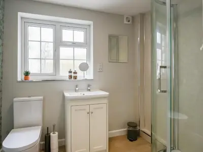 a bathroom with a toilet and a sink and a window at Dolwen Isaf in Llangadfan