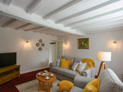 a living room with a couch and a tv at Dolwen Isaf in Llangadfan