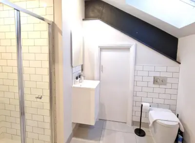 a bathroom with a toilet and a sink at The Academy House by Bevolve in Shrewsbury