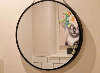 a mirror on a wall with a picture of a llama at The Academy House by Bevolve in Shrewsbury