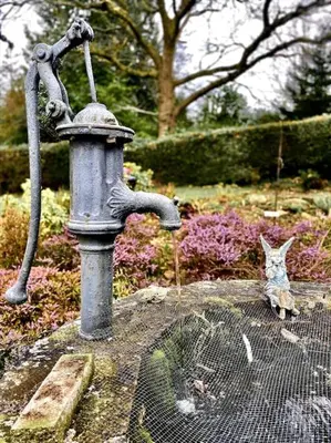 a cat is sitting next to a water fountain at A spacious hidden gem with hot tub, lovely garden & views in Kington