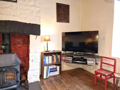 a living room with a flat screen tv and a fireplace at Arwel in New Quay