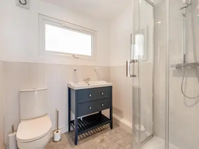a bathroom with a toilet and a sink and a shower at Larchwood Lodge in Old Radnor