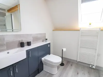 a bathroom with a toilet and a sink and a mirror at Hill Radnor - The Sheepfold in Llandrindod Wells