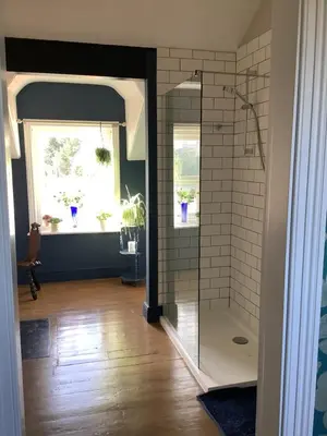 a bathroom with a walk in shower and two windows at The Views Bed and Breakfast in Llangollen
