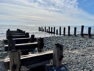 a group of wooden posts on a rocky beach at Deu-Ddrws in Barmouth