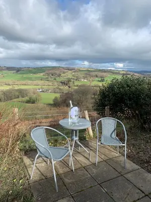a table and two chairs on a patio with a view at Broombush B & B & Yr Nyth Shepherds Hut in Aberhafesp