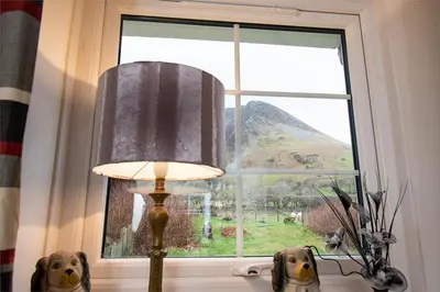 a lamp and two dogs in front of a window at Pant in Llanymawddwy