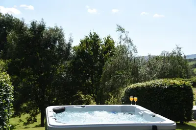 a bath tub sitting in a yard with trees at Tawny Owl Lodge in Rhayader
