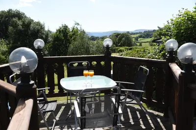 a table and chairs on a balcony with a drink at Tawny Owl Lodge in Rhayader