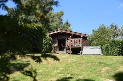 a house with a deck on a grassy field at Tawny Owl Lodge in Rhayader