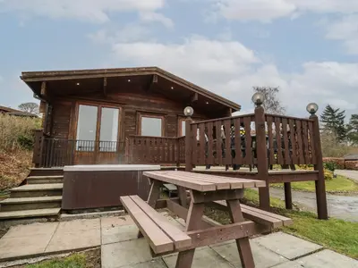 a wooden cabin with a picnic bench in front of it at Great Owl Lodge in Rhayader