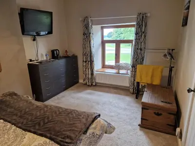 a bedroom with a bed and a television and a window at Cosy Riverside home in Llanwrda