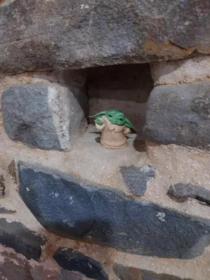 a small green bird sitting in a hole in the rocks at Cosy Riverside home in Llanwrda