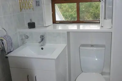 a white bathroom with a sink and a toilet at 3-Bed Cottage Near Lake Vyrnwy Garden & PetsOk in Hirnant