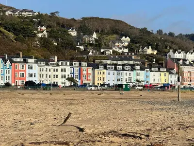 a beach with a group of houses on a hill at Robert's Cottage in Abergynolwyn