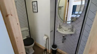 a small bathroom with a toilet and a sink at Romantic Hideaway in Trawsfynydd