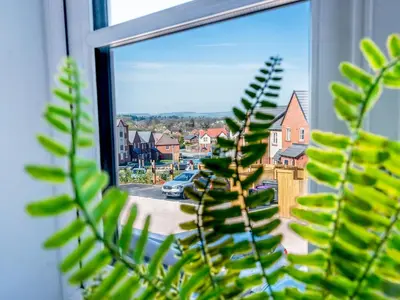 a view of a city from a window with a plant at Brand new 1 bedroom modern contemporary apartment - Pass the Keys in Ludlow