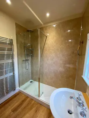 a bathroom with a shower and a sink at Superbly Located Handsome Georgian Townhouse - Pass the Keys in Shrewsbury