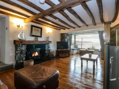 a living room with a fireplace and a couch at Ty'n-Y-Ffynnon Cottage in Barmouth