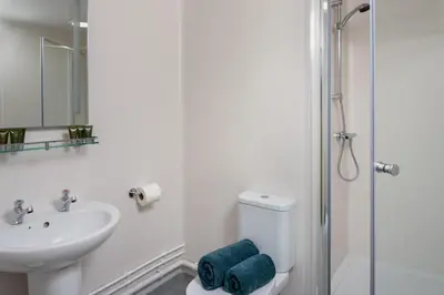 a bathroom with a sink and a toilet and a shower at 3 Bed in Talybont On Usk oc-wal375 in Talybont