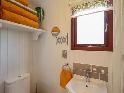 a bathroom with a toilet and a sink and a window at Balwen Shepherd's Hut in Montgomery